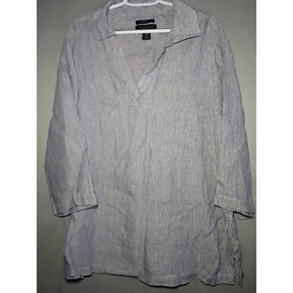 TAHARI 100% Linen Top Womens 1X Tunic Popover  Stripe Open Collar Beach Relaxed